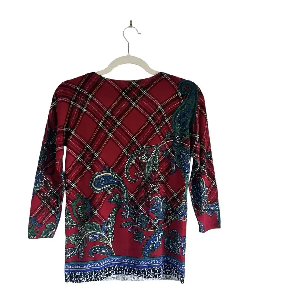 Talbots Merino Wool Sweater Sz SmallRed Plaid Paisley Holiday Christmas Preppy - Picture 3 of 9
